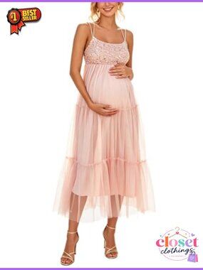 Sequin Bodice Maternity Maxi Dress Tiered Mesh Tulle Gown
